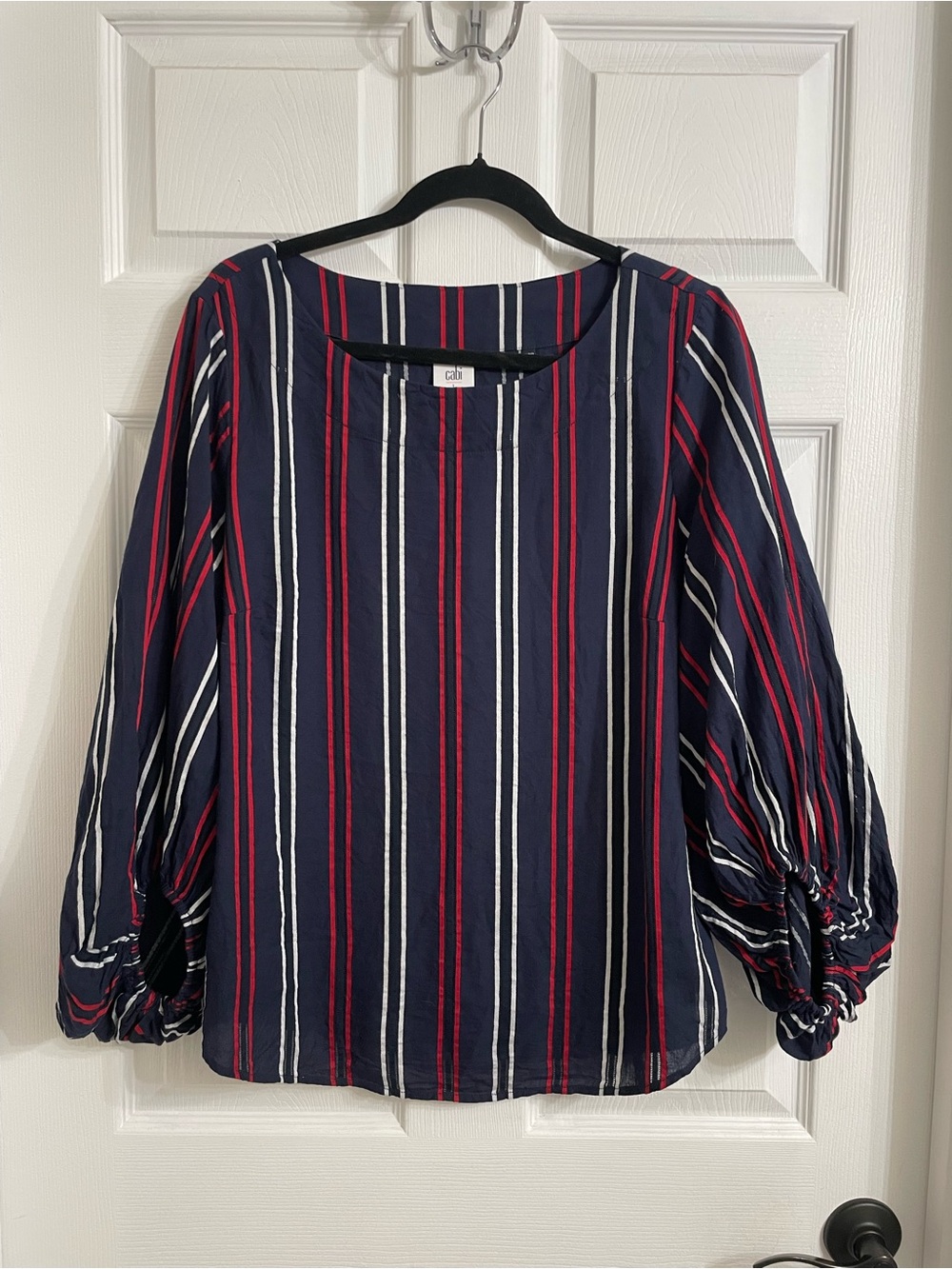 CAbi Navy Striped Balloon-Sleeve Tunic — Navy/Red/White